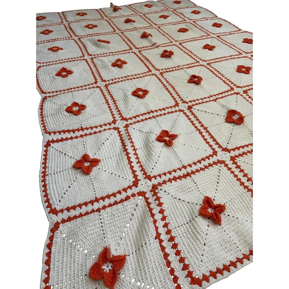 Handmade Crochet Bedspread 61x87 White Orange 3D Floral Granny Square Retro‎